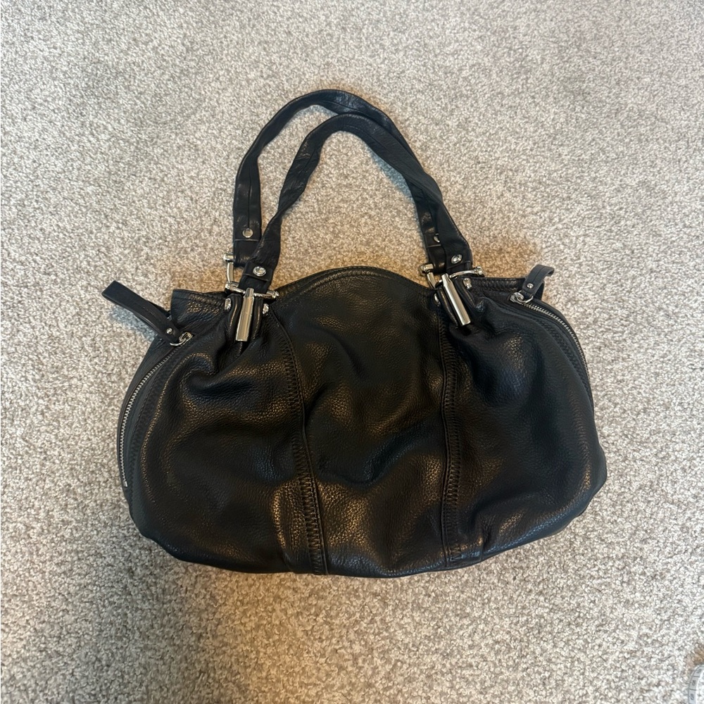 B Makowsky Black Leather Handbag Purse with silver hardware